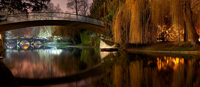 panoramic of a series of bridges over the River Cam at Cambridge University in England